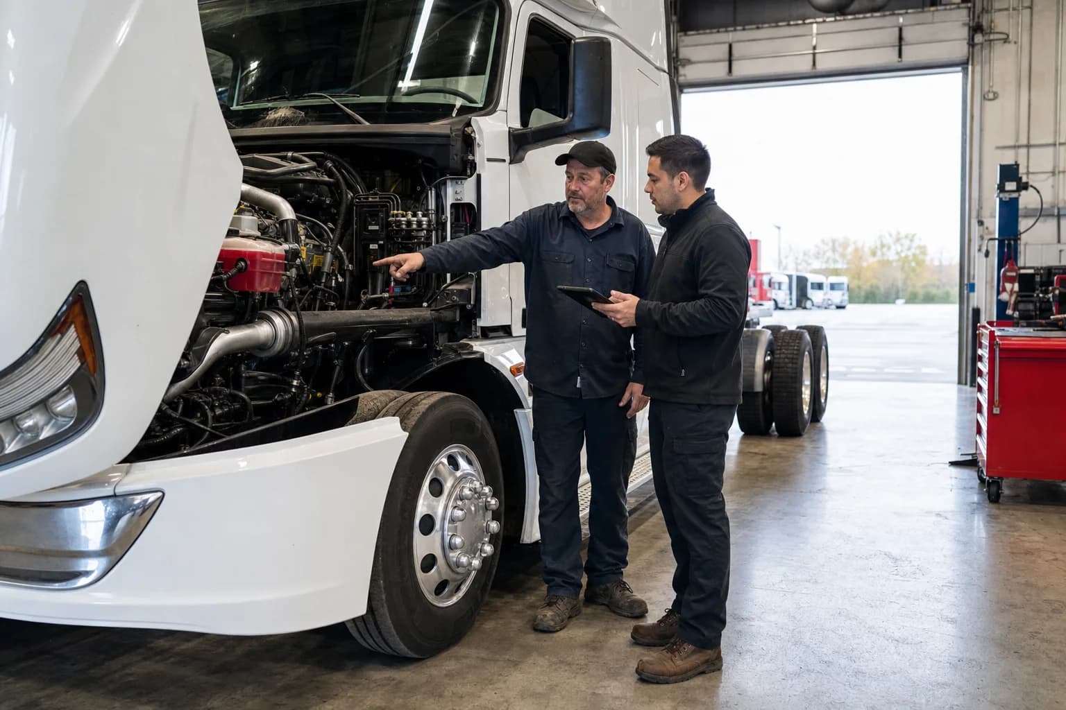 Kretzschmar Trucking Sioux Falls technician and buyer inspecting a truck engine